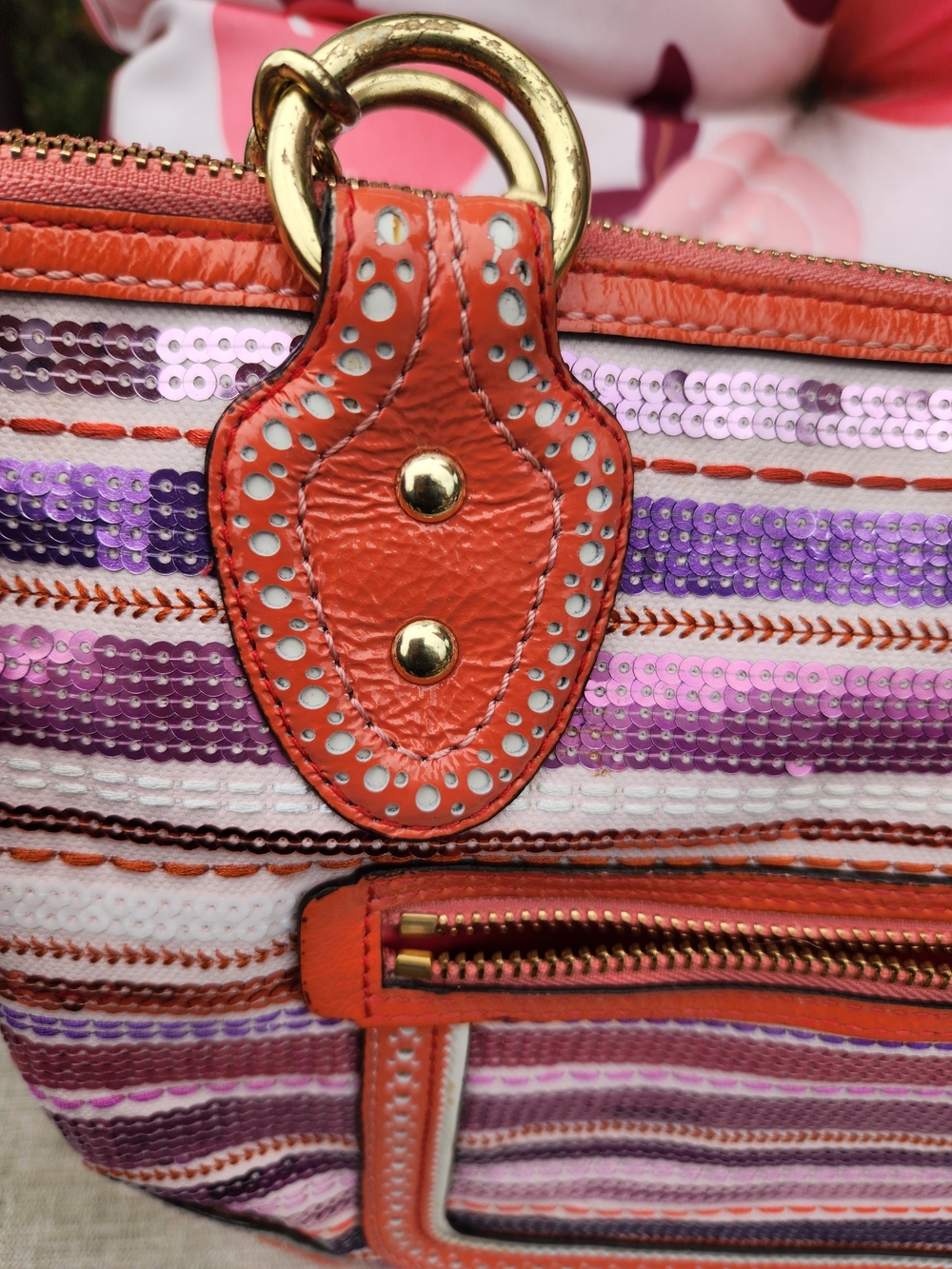 COACH Striped Sequin Poppy Shoulder Tote In  Orange & Purple EUC